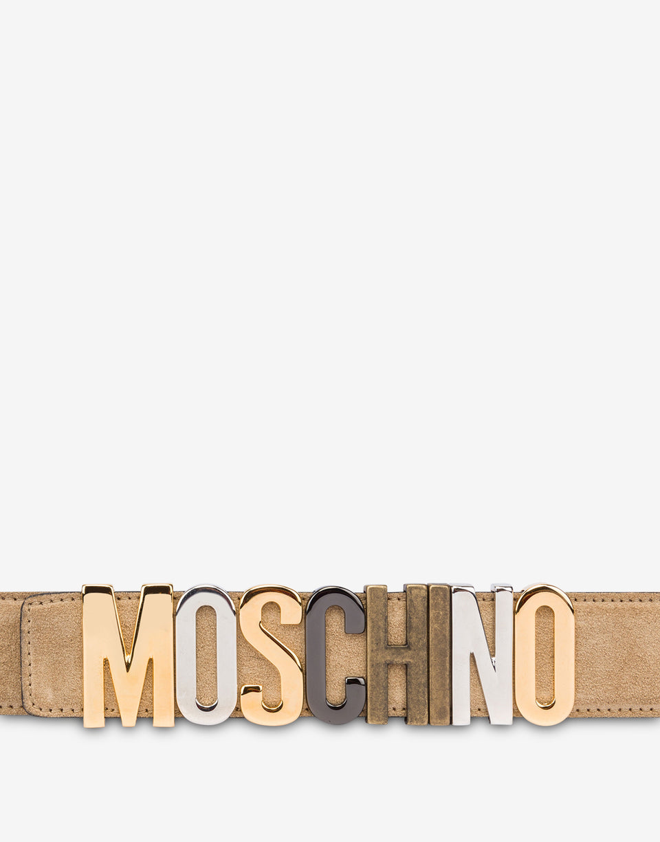 Cinturón de piel de becerro Mixed Lettering Logo Beige Moschino 1